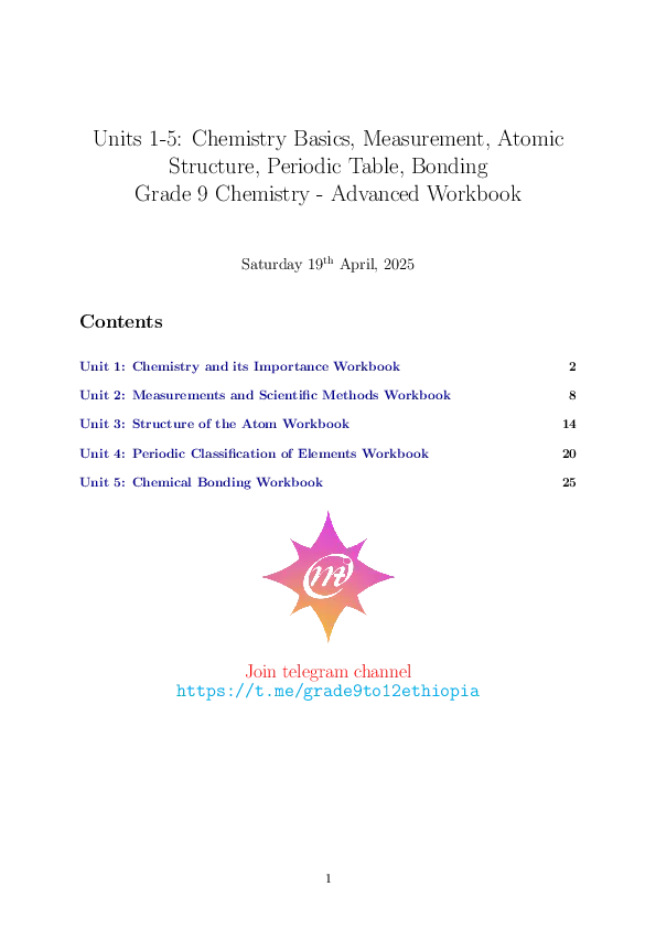 ADVANCED CHEMISTRY WORKBOOK GRADE 9 - CHEMISTRY BASICS, MEASUREMENT, ATOMIC STRUCTURE, PERIODIC TABLE, BONDING
