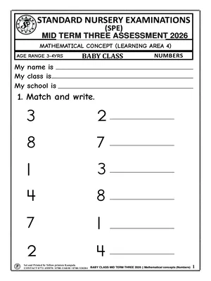 standard nursery exams board mid term 3 2026 baby class mathematical concepts (numbers) paper