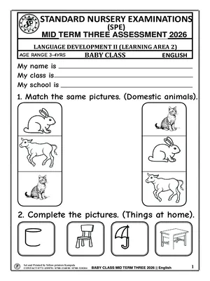 standard nursery exams board mid term 3 2026 baby class english paper