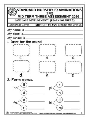 standard nursery exams board mid term 3 2026 middle class reading and writing paper