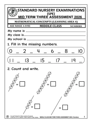 standard nursery exams board mid term 3 2026 middle class mathematical concepts (numbers) paper