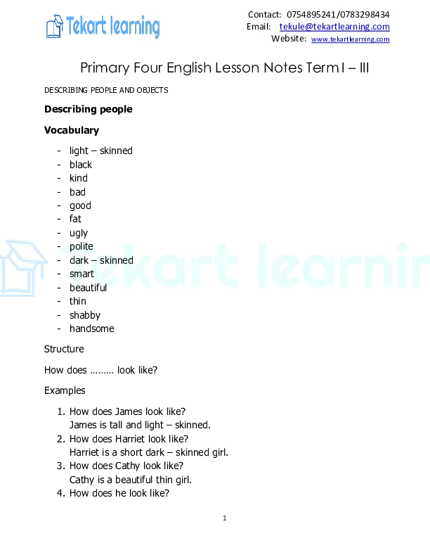 p4 tekart learning english lesson notes (term 1,2&3)