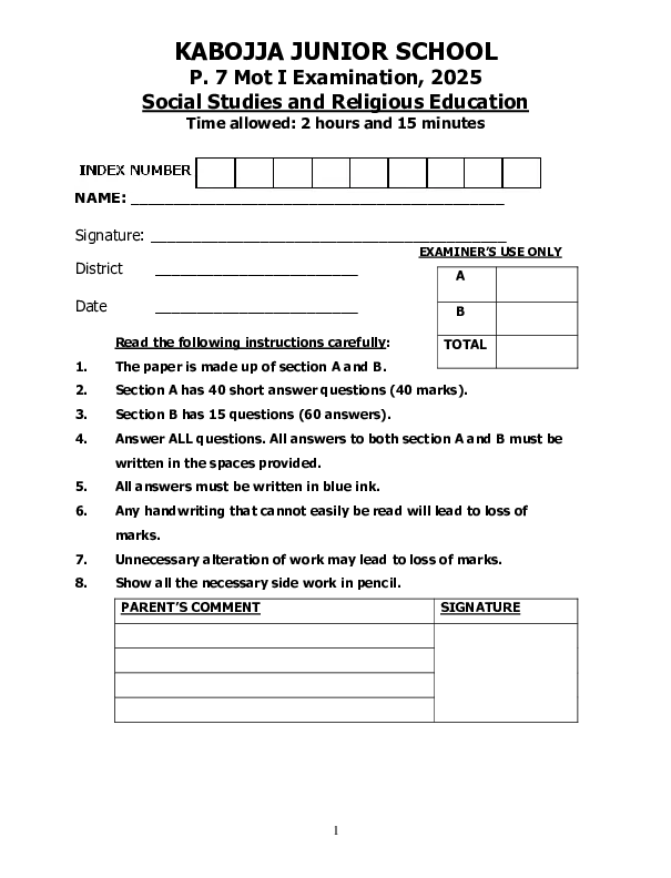 p7 social studies mid term one exam - kabojja junior