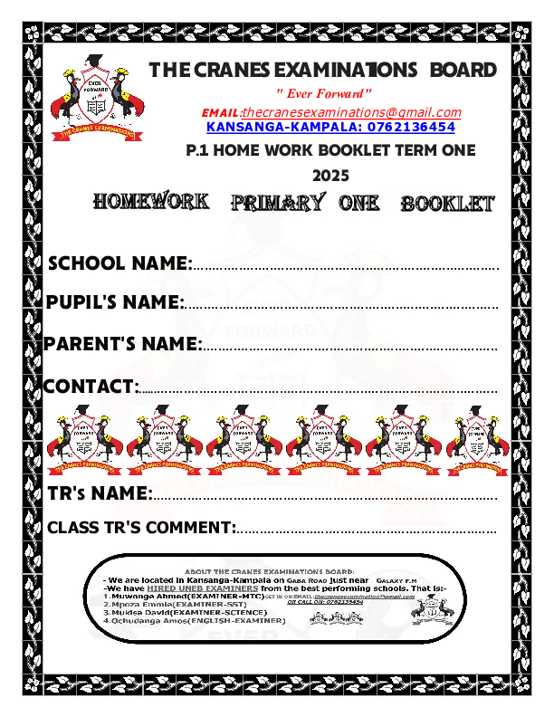 p1 homework booklet term one all subjects - cranes