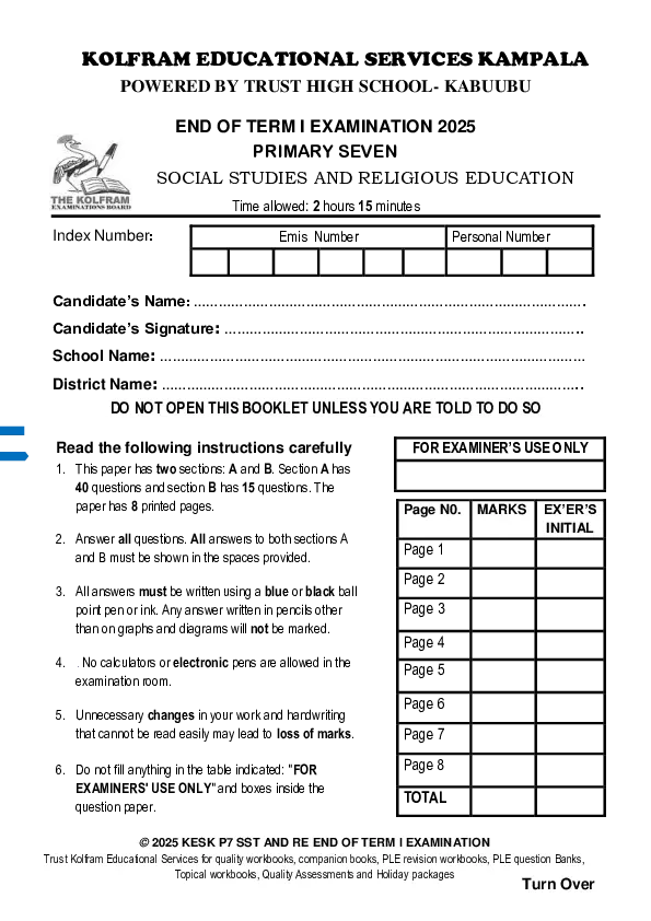 p7 sst end of term i exams - kolfram
