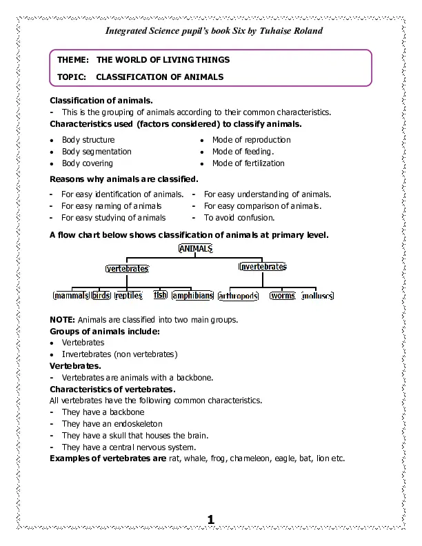 classification of animals: sample of integrated science pupil’s book six by tuhaise roland