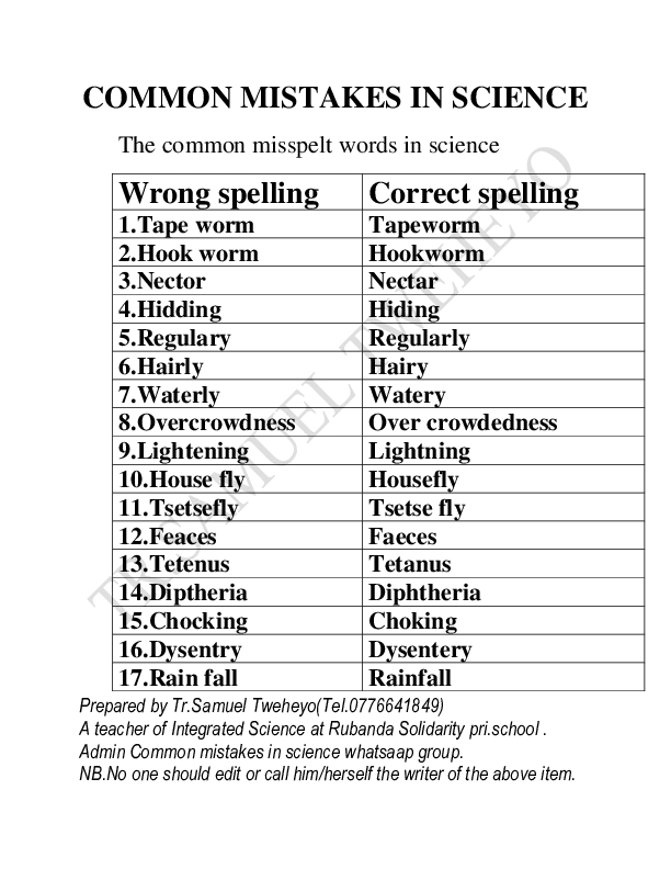 common misspelt words in science by tr.samuel tweheyo volume one
