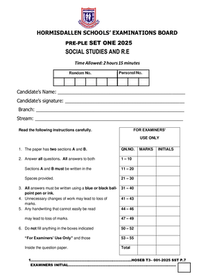 hormisdallen schools pre ple set 1 social studies exam (p7 sst bot term 3)