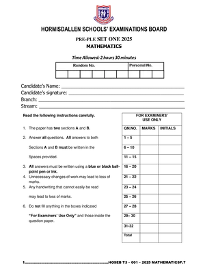 hormisdallen schools pre ple set 1 mathematics exam (p7 mathematics bot term 3)