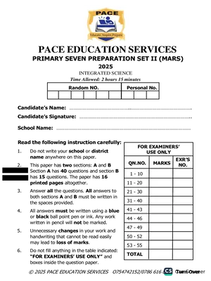 pace pre ple set 2 mars - science exam