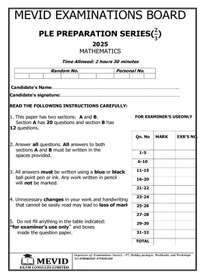 mathematics exam for mevid ple preparation set 2