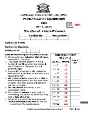 uneb ple 2025 mathematics marking guide