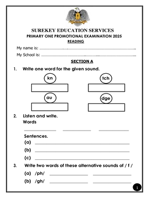 surekey end of term 3 2025 literacy (reading) promotional exam for primary two p2