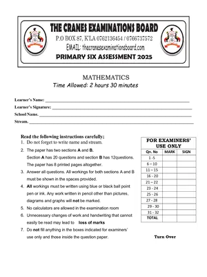 p6 mathematics end of term 3 exam - cranes examinations board