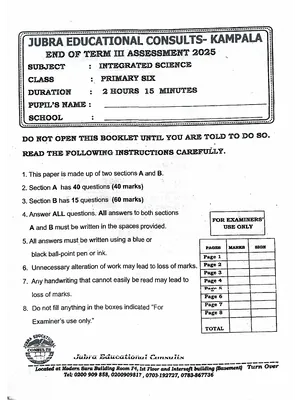 jubra primary six (p6) science end of term 3 exam