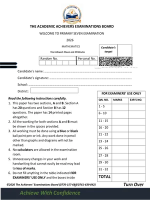 p7 welcome set 2026 mathematics paper - academic achievers