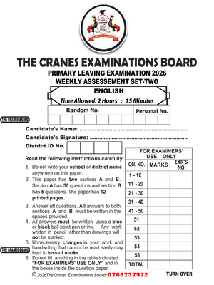 P.7 English Assessment Set 2 Term One - Cranes