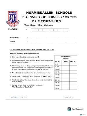 hormisdallen schools beginning of term one paper for mathematics p7