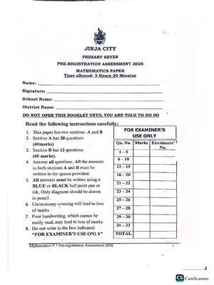 P7 Pre Registration 2026 Mathematics Paper - Jinja City