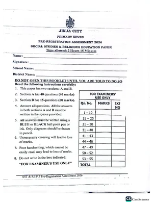 P7 Pre Registration 2026 Social Studies and RE Paper - Jinja City