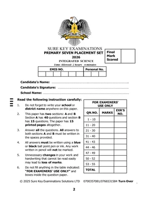 p7 science sure key placement set exams 2026