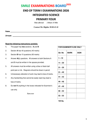 Primary Four P4 Science End of Term One Paper - Smile
