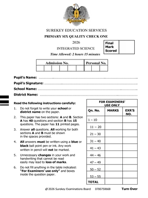 Sure Key p.6 Science End of Term One Exam Quality Check