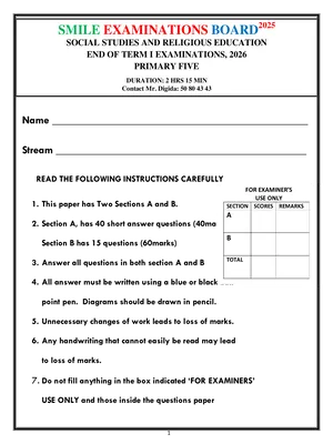 Primary Five P5 Social Studies End of Term One Paper - Smile