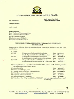 UNEB Circular on PLE, UCE and UACE Registration and Payments 2026