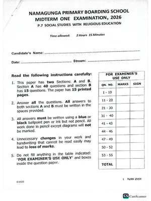 Namagunga Boarding School P7 Mid Term 1 Exams Full Set SST, Science, English and Maths