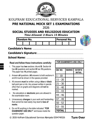 Kolfram Pre Mock 2026 Set 1 Social Studies SST with RE Paper