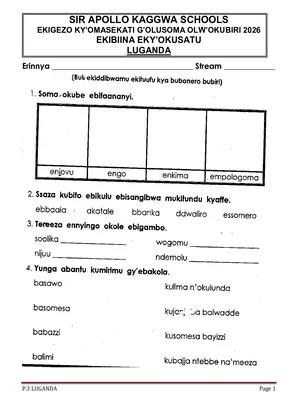 Sir Apollo Kaggwa p.3 Luganda Mid Term 2 Exams
