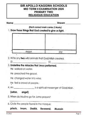 Sir Apollo Kaggwa p.2 Religious Education Mid Term 2 Exams