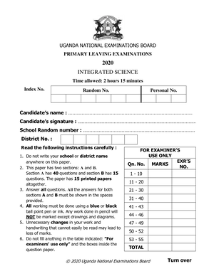 UNEB PLE Science 2020 Paper