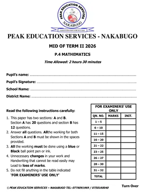 P4 Mathematics Mid Term Two Exam Peak Education Services