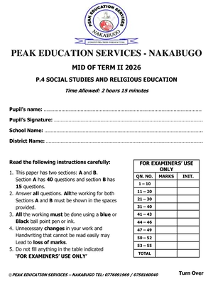 P4 SST and RE Mid Term Two Exam - Peak Education Services