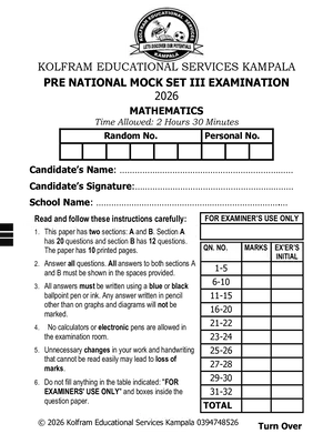 Kolfram Pre Mock 2026 Mathematics Set 3