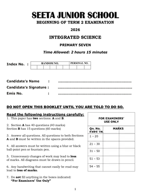 Seeta Junior School p.7 Science Pre Mock Set 2