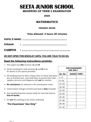 Seeta Juinior School P7 Pre Mock Set 2 Full Set: Maths, ENG, SST and Science