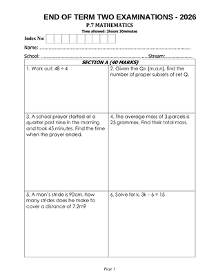 P7 Maths End of Term Two 2026 Exam