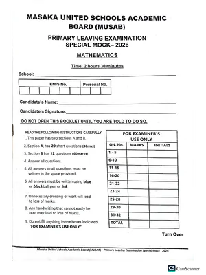Masaka United Schools Mock 2026 Mathematics Paper