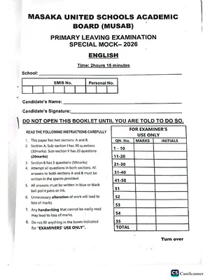 Masaka United Schools Mock 2026 English Paper