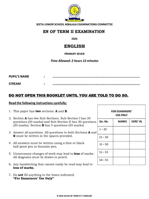 Seeta Junior School P7 End of Term 2 Exams 2026 English