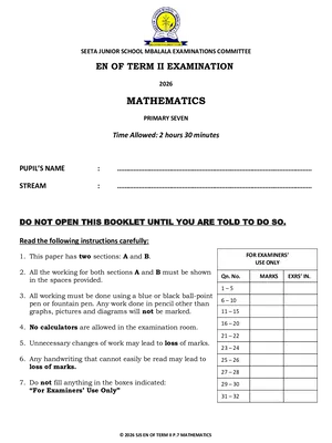 Seeta Junior School P7 Mathematics End of Term 2 Exams 2026