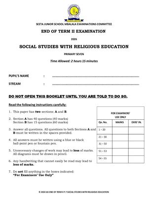 Seeta Junior School P7 SST and RE End of Term 2 Exams 2026