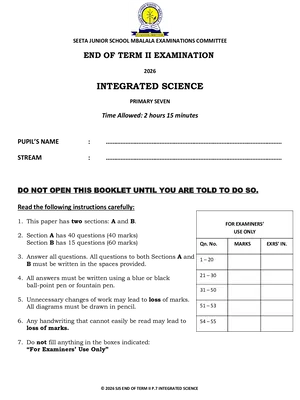Seeta Junior School P7 End of Term 2 Exams 2026 Full Set (All Subjects) Maths, SST, ENG, Science