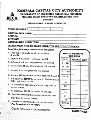 Kcca P7 Pre Mock 2026 English Paper