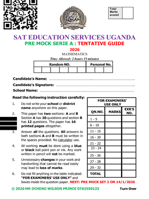 Sat Exams P7 Mathematics Pre Mock Marking Guide