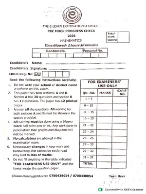 E Learn Mathematics Pre Mock Paper 2026