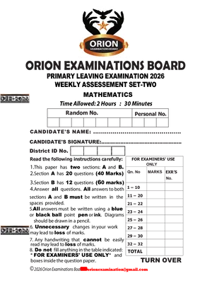 P.7 Mathematics End of Term Two 2026 Orion